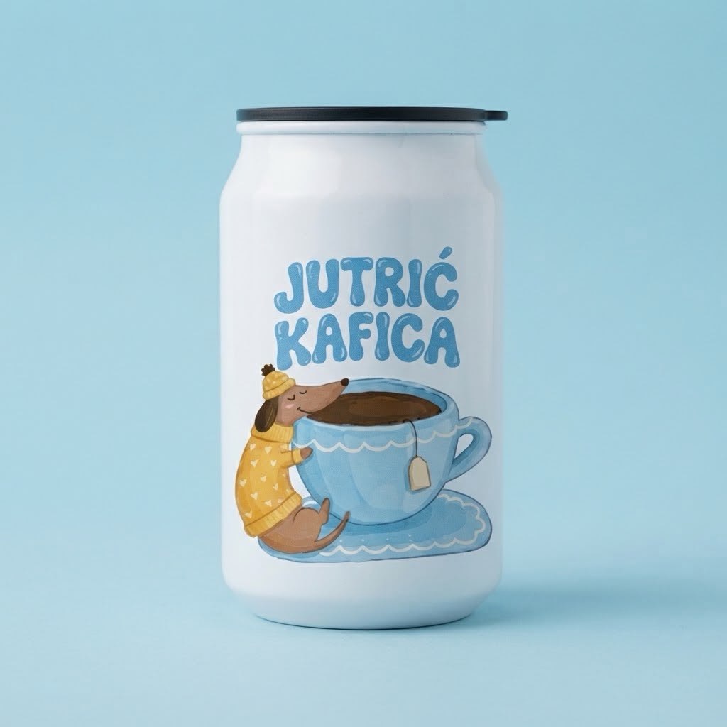 Bela termo limenka sa crtežom jazavičara i natpisom Jutrić kafica